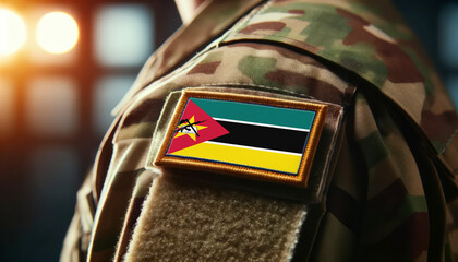 A soldier's uniform with the Mozambique flag patch, symbolizing patriotism and service to the nation