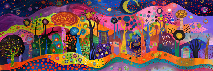 Vibrant and whimsical mural depicting a colorful, fantastical landscape with trees, hills, and abstract shapes, creating a dreamlike scene.