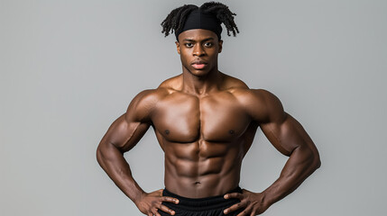 Muscular young man posing confidently with hands on his hips, showcasing his fit and toned physique against a simple gray background.