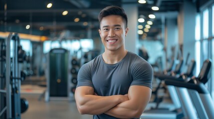 Southeast Asian Male Fitness Trainer, Gym Setting, Motivational Smile, Healthy Lifestyle, Personal Trainer Marketing, Fitness Promotions