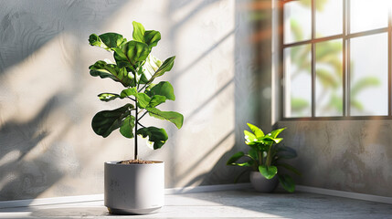 Fototapeta premium Green plant in white pot on the floor and sunlight. 3d rendering