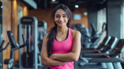 Fototapeta premium Confident Pakistani Female Fitness Trainer in a Modern Gym Environment, Ideal for Health and Wellness Campaigns and Fitness Promotions