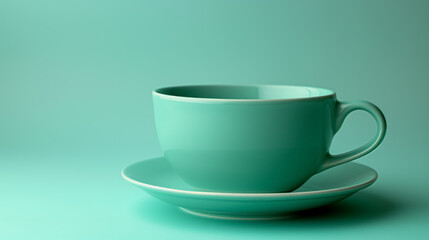 Fototapeta premium Simple yet elegant green teacup and saucer set against a matching green background. The minimalist composition emphasizes the shape and color of the cup.