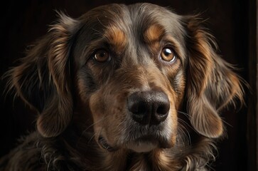 Low-Key style portrait of a dog on dark background. AI generated