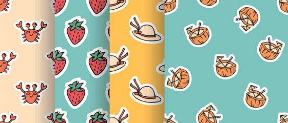 a seashell. cola. rest. palm tree. swimsuit. sink. sea. beach. Doodle. the sun. flowers. ice cream. seamless pattern. pattern. postcard. pattern. example. retro-style colors. seamless.