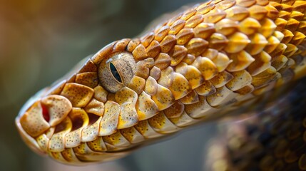 Obraz premium Close-up of a snake with intricate scales and mesmerizing eyes. Nature wildlife photography showing detailed texture and patterns in reptile skin.