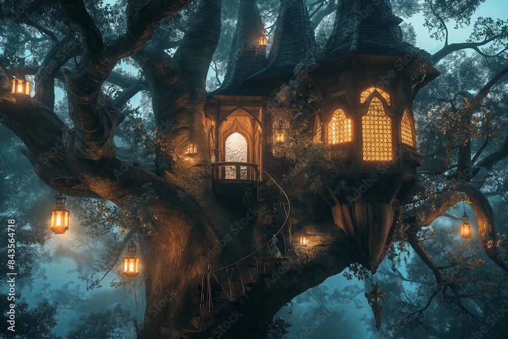 Poster an intricately designed treehouse nestled high among the branches of ancient trees