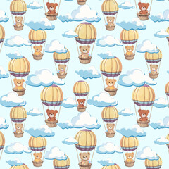 Bear cubs are flying in balloons.Vector seamless pattern with bear cubs flying on colored balloons among the clouds.