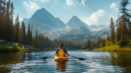 A person kayaking on a serene lake with majestic mountains and pine trees in the background on a sunny day.