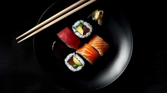 Minimalistic sushi rolls with salmon, tuna, avocado, and rice on a black plate with chopsticks. Japanese cuisine, perfect for elegant dining and food photography