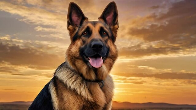 german shepherd dog on sunset background