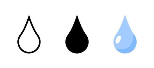 Water Drops Set Icons. Linear, silhouette and flat style. Vector icons.