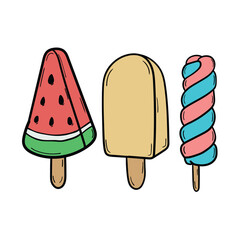Hand drawn cartoon set of ice cream on a stick on a white background.
