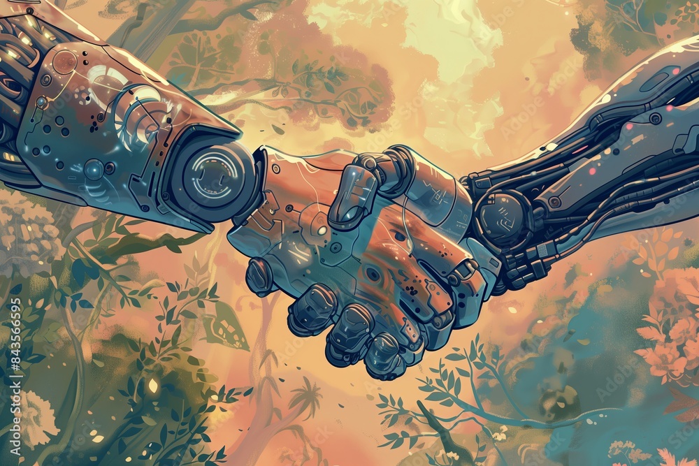 Poster hand business technology handshake concept people future background robot digital teamwork partnersh