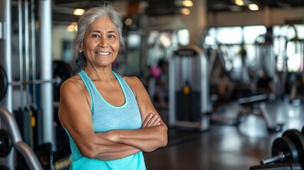 Fototapeta premium Senior South Asian Female Fitness Trainer in Modern Gym Setting Emphasizing Active Lifestyle and Wellness