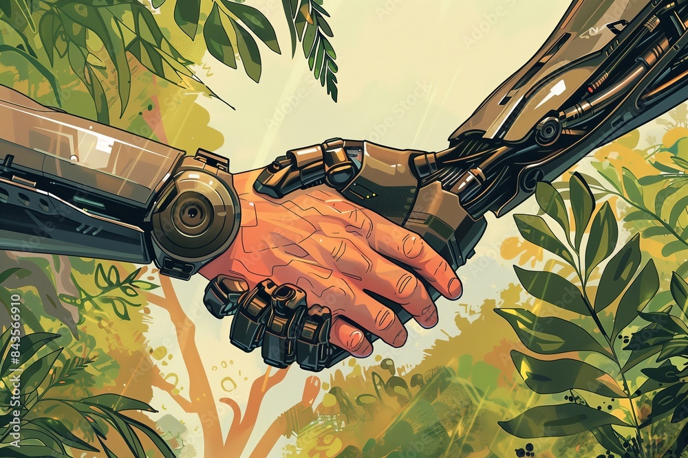 Poster Technology robot hand business arm future concept handshake. Human science man machine artificial futuristic intelligence digital internet computer cyborg partnership. Cyber