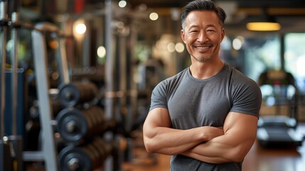Fototapeta premium Middle Aged East Asian Male Fitness Trainer, Smiling, Standing in Modern Gym, Promoting Health and Fitness Lifestyle