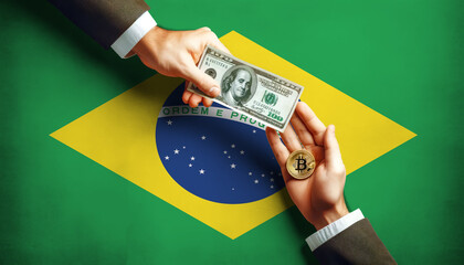 Exchanging traditional dollars for Bitcoin on Brazil flag background, symbolizing the shift to digital currency in the modern financial world