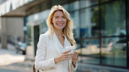 Fototapeta premium Joyful blonde businesswoman smiling in white suit holding cup of coffee