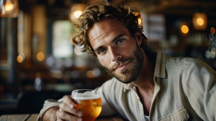 man drinking beer in bar