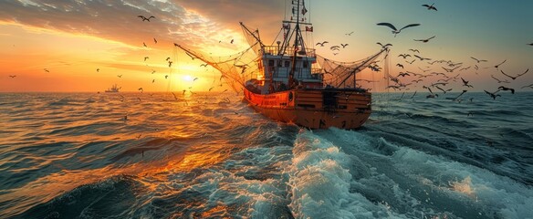 The image captures a fishing schooner in action, showcasing the process of commercial fishing and the large-scale harvesting of seafood.