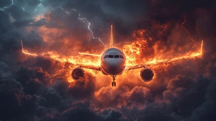 Flames engulf a passenger plane, casting a fiery glow in the night sky. A plane crashes during takeoff.