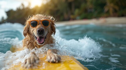 The image captures a cute dog confidently surfing the waves, showcasing its effortless engagement in the sport and embodying a carefree spirit.