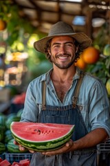 Radiating joy, a young farmer showcases the bountiful watermelon harvest, holding a cut ripe fruit in his hands with a wide smile, clearly delighted by the successful crop.