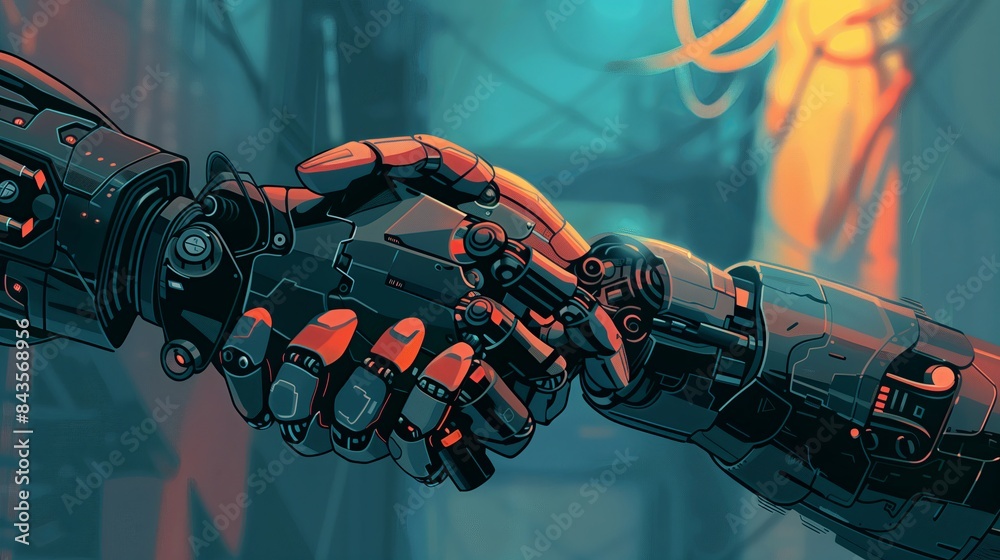 Aufkleber Futuristic robot hand, symbolizing technology and artificial intelligence. A concept of human cyborg partnership and innovation. Digital automation and communication in a