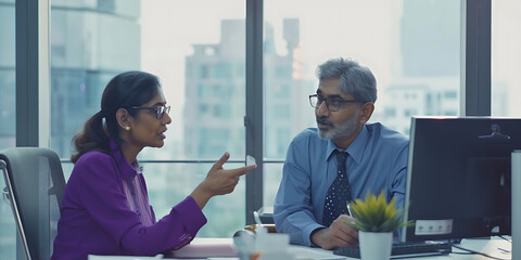 cinematic still of two middle aged Indian office worker one man other woman wearing purple glass sitting their desk corporate environment talking eachother while pointing towards computer screen