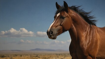Fototapeta premium A group of gorgeous wild horses galloping through a golden field under the sun with silhouettes of mountains in the background