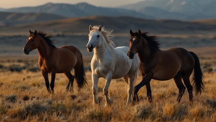 Fototapeta premium A group of gorgeous wild horses galloping through a golden field under the sun with silhouettes of mountains in the background