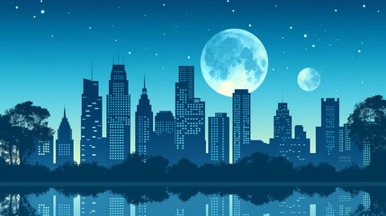Naklejka premium City skyline with full moon and stars reflected in the water