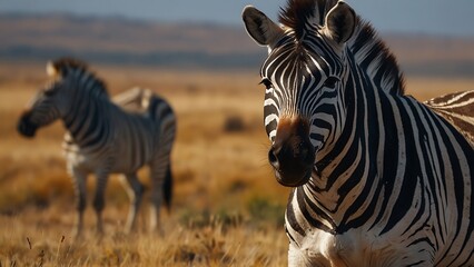 Naklejka premium Zebras Grazing in the Savanna Grasslands