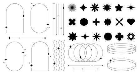 Set of abstract retro futuristic elements and shapes and aesthetic line frames boho, brutalism, Y2K style. Geometric elements with sparkles for template social media, poster, banner, logo, stickers