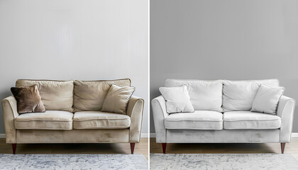 Sofa before and after dry-cleaning near grey wall indoors, collage