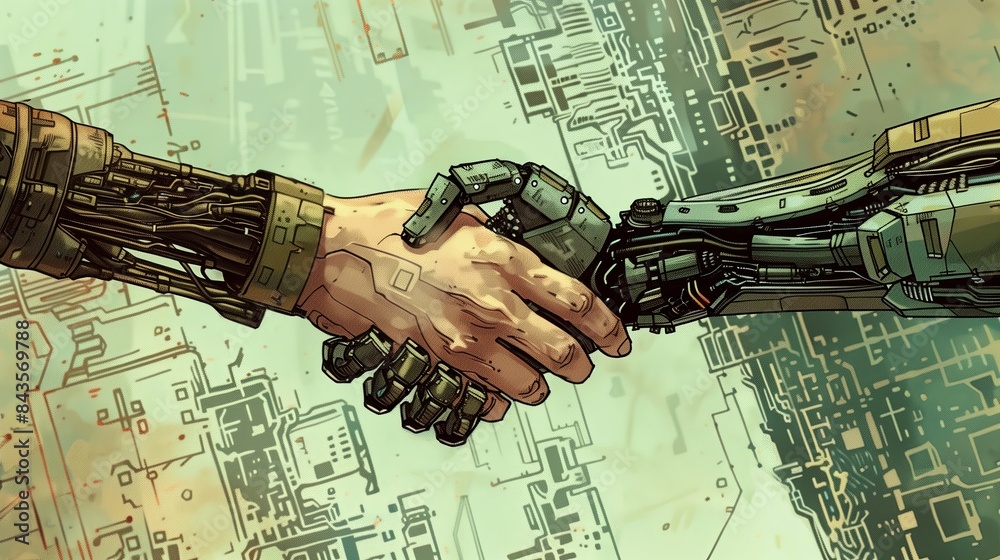 Poster Digital handshake symbolizing a business partnership. Concept of success and agreement in a networked world. Highlighting innovation, security, and trust in cyberspace, with a
