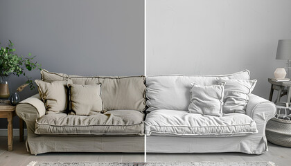 Sofa before and after dry-cleaning near grey wall indoors, collage