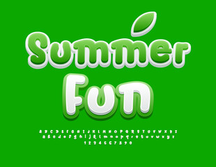 Vector funny Banner Summer Fun. White and Green Bright Font. Playful Alphabet Letters and Numbers set.