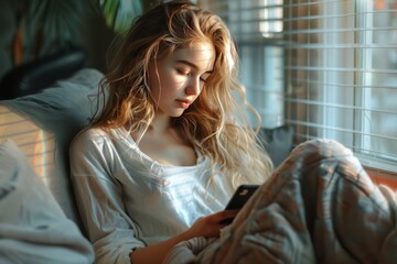 Obraz premium Woman in casual clothing sitting on a couch by a window, using her smartphone, with soft sunlight filtering in.
