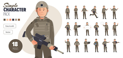 Simple flat male army infantry soldier vector character in a set of multiple poses. Easy to edit and isolated on a white background. Modern trendy style character mega pack with lots of poses.