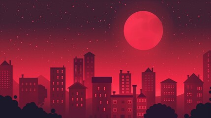 Fototapeta premium Red city skyline with full moon and starry night sky