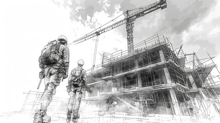 Obraz premium The drawing shows construction and there are construction workers and engineers in the area at the construction site illustration vector