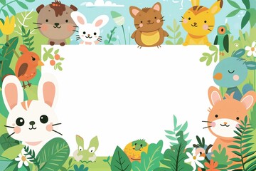 Naklejka premium Cute cartoon animals from the jungle, perfect for a happy summer background. Featuring giraffes, elephants, lions, and more, this design is ideal for baby zoo cards and invitations