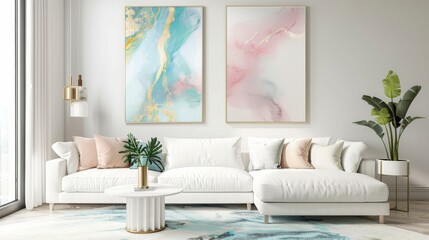 Beautiful interior design with pastel blue and pink marble abstract paintings on the wall above a white sofa