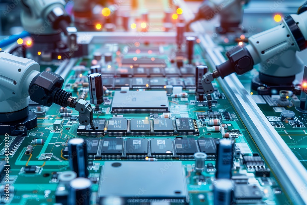 Poster Modern technology circuit board with digital components. Closeup of electronics and processors, highlighting the engineering and industrial design. Perfect for tech enthusiasts and