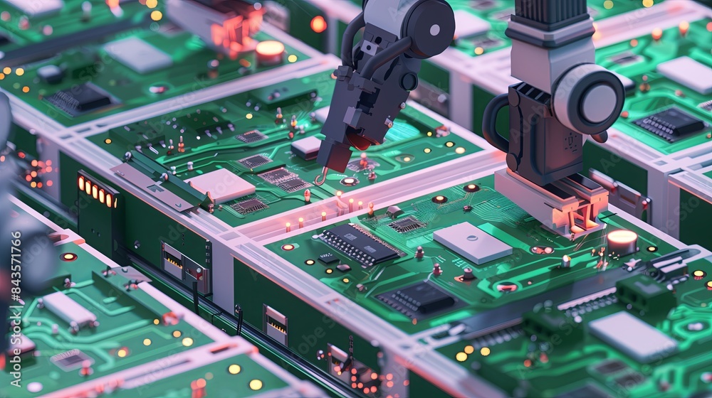 Poster Electronic computer hardware components on a circuit board. Industrial manufacturing and engineering, perfect for tech and factory settings. Detailed view of chips, processors, and