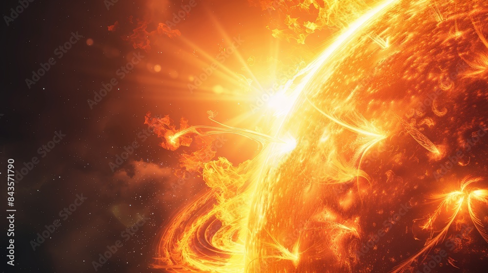 Poster close-up view of the sun with solar flares and intense energy emissions. highlighting the sun's acti