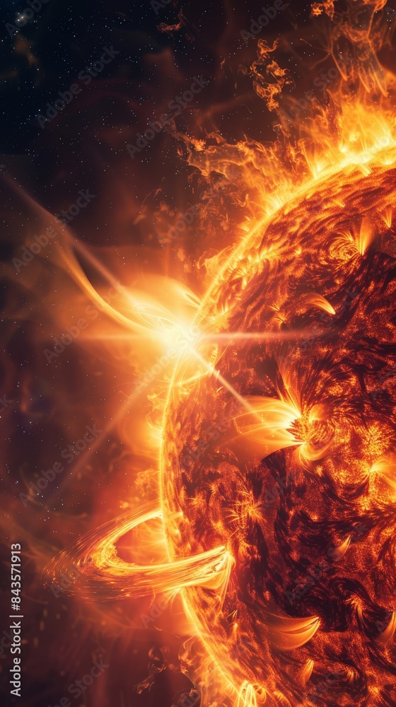 Poster magnificent depiction of the sun with powerful solar flares and energy emissions. highlighting the d