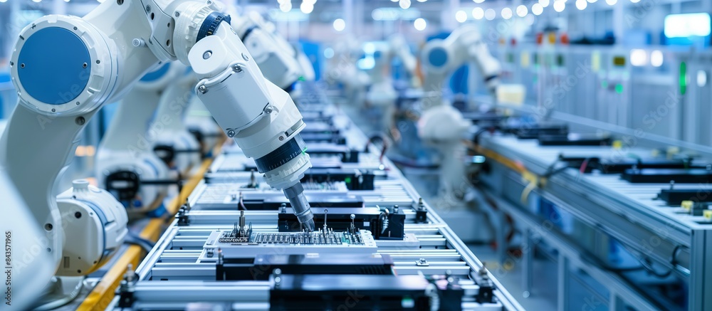 Poster Industrial factory with advanced technology and automation. Robots and machines work together in modern production processes. Engineers and operators control the system, ensuring
